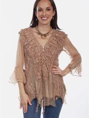 Boot Barn Scully Honey Creek Lace Ruffle Sheer Blouse Sz L - LIKE NEW!